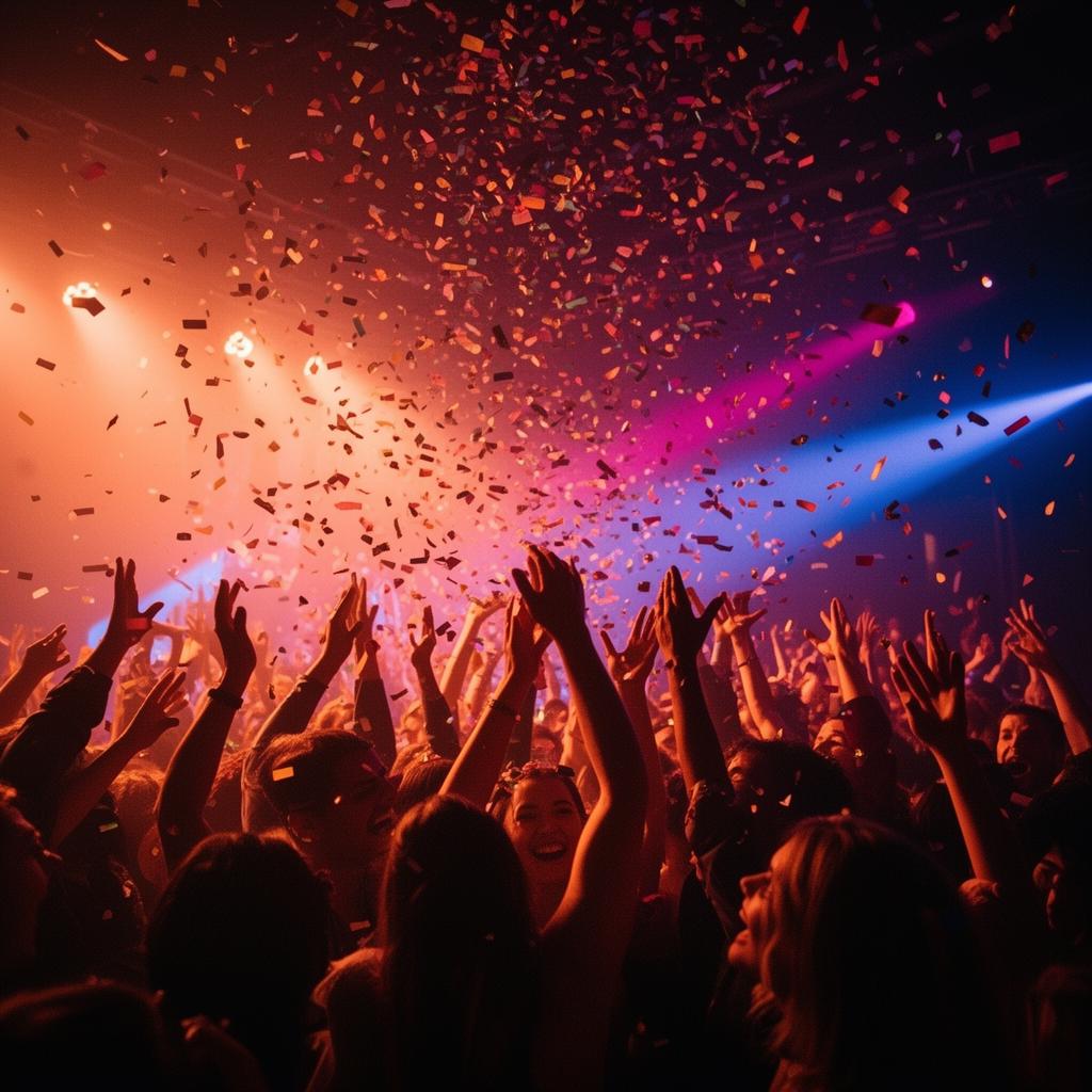 Confetti raining over a crowd with arms raised at the height of a DFRACTD party