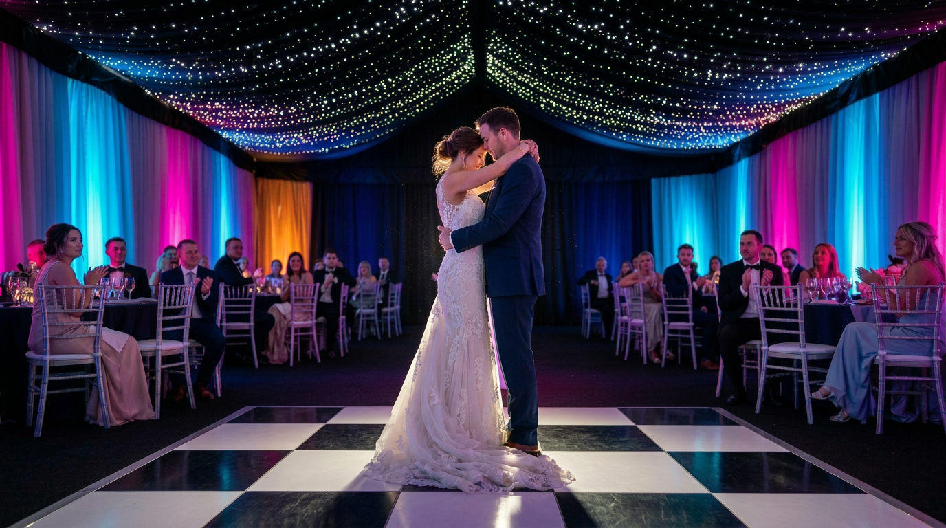 A venue washed in colourful uplighting at a DFRACTD event